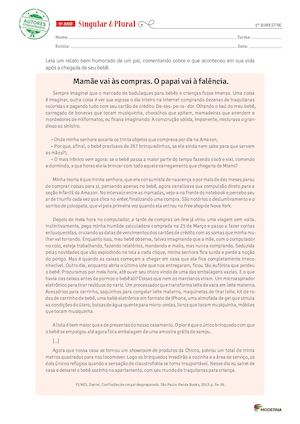 Singular Plural 9o Ano Avaliação 1o Bimestre Prova