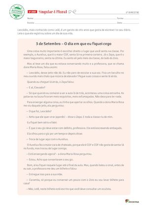 Singular Plural 6o Ano Avaliação 1o Bimestre Resposta