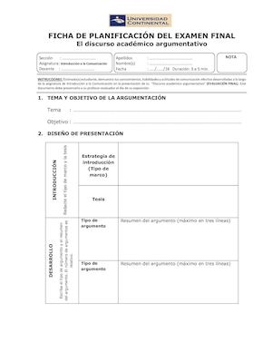 Ficha De Planificación Discurso Argumentativo