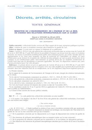 Décret no 2016-847 du 28 juin 2016 relatif aux zones à circulation restreinte
