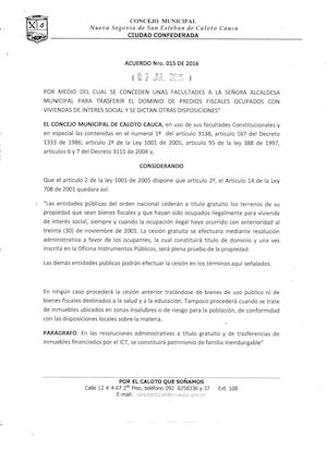 Acuerdo 015 de 2016 - Municipio de Caloto - Cauca