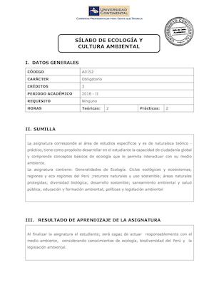 Sílabo De Ecología Y Cultura Ambiental