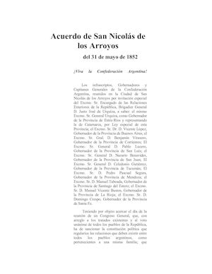 Documentos Históricos Acuerdo De San Nicolás De Los Arroyos 1852