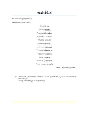 Actividad Sinonimos Y Antonimos