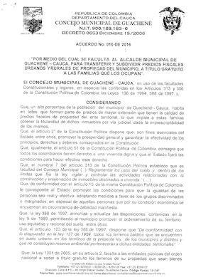 Acuerdo No. 016 de 2016 - Municipio de Guachené - Cauca