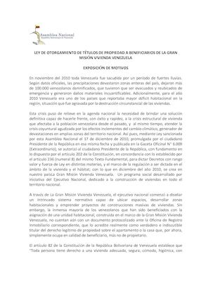 Ley De Otorgamiento De Titulos De Propiedad A Beneficiaros De La Gran Mision Vivinenda Venezuela