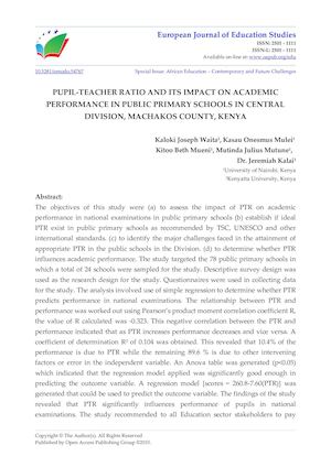 PUPIL-TEACHER RATIO AND ITS IMPACT ON ACADEMIC PERFORMANCE IN PUBLIC PRIMARY SCHOOLS IN CENTRAL DIVISION, MACHAKOS COUNTY, KENYA