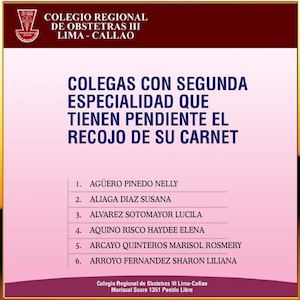 LISTA DE COLEGAS CON SEGUNDA ESPECIALIDAD QUE TIENEN PENDIENTE EL RECOJO DE SU CARNET