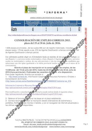 20160719 Ssp Informa Consolidación De Empleo Correos 60plazas Alicante