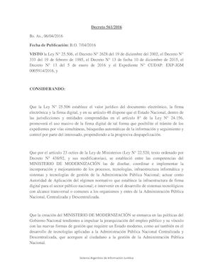 Decreto 561/2016 Bs. As., 06/04/2016 Fecha de Publicación: B.O. 7/04/2016
