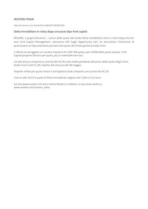 1 Giugno Reuters Italia - Delta Immobiliare in rialzo dopo annuncio Opa York Capital