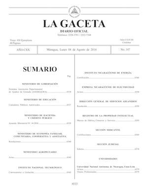 Gaceta No 147 Lunes 08 De Agosto De 2016