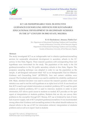 ICT AN INDISPENSABLE TOOL IN EFFECTIVE GUIDANCE/COUNSELLING SERVICES FOR SUSTAINABLE EDUCATIONAL DEVELOPMENT IN SECONDARY SCHOOLS  IN THE 21ST CENTURY IN IMO STATE, NIGERIA