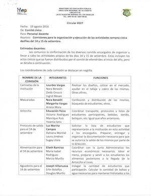 Comisiones Para La Organizacion Y Ejecucion De Las Actividades Semana Civica Desfiles Del 14 Y 15 De Setiembre