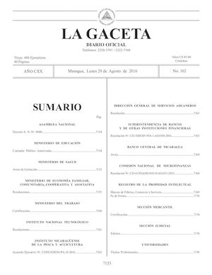 Gaceta No 162 Lunes 29 De Agosto De 2016