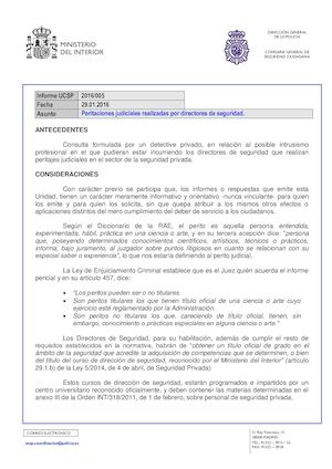 Informe UCSP 2016/005: Peritaciones judiciales realizadas por directores de seguridad.