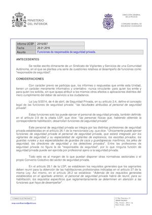 Informe UCSP 2016/007: Funciones de responsable de seguridad privada.