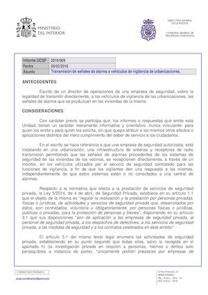 Informe UCSP 2016/009: Transmisión de señales de alarma a vehículos de vigilancia de urbanizaciones.