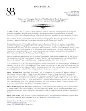 Author and Managing Director of Publisher Savas Beatie Honored as  Inaugural Recipient of New Award from Emerging Civil War