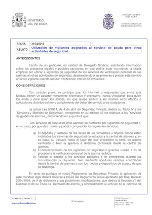 Informe UCSP 2016/020: Utilización de vigilantes asignados al servicio de acuda para otras actividades de seguridad