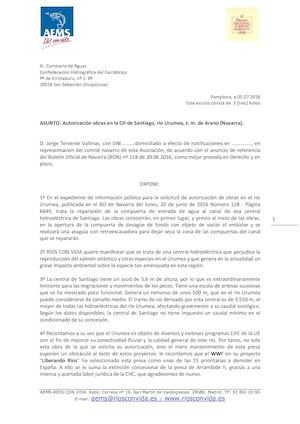 Alegaciones Obras CH de Santiago, río Urumea Navarra 5 julio 2016