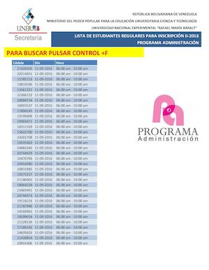 Listado Programa Administración - Orden de inscripción II-2016