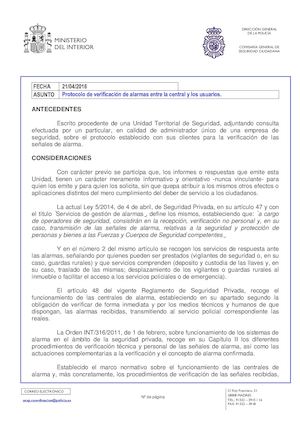 Informe UCSP 2016/021: Protocolo de verificación de alarmas entre la central y los usuarios.