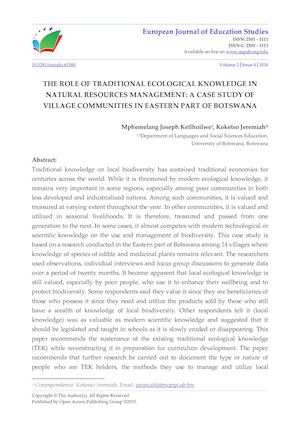 THE ROLE OF TRADITIONAL ECOLOGICAL KNOWLEDGE IN NATURAL RESOURCES MANAGEMENT: A CASE STUDY OF VILLAGE COMMUNITIES IN EASTERN PART OF BOTSWANA