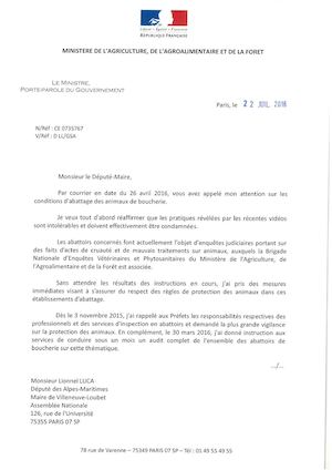 Lionnel LUCA saisi le Ministre sur les conditions d'Abattage: reponse