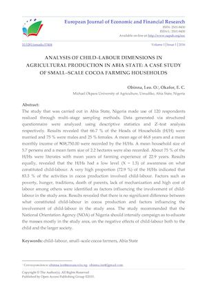 ANALYSIS OF CHILD–LABOUR DIMENSIONS IN  AGRICULTURAL PRODUCTION IN ABIA STATE: A CASE STUDY OF SMALL–SCALE COCOA FARMING HOUSEHOLDS