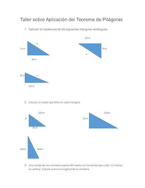 Taller Sobre Aplicación Del Teorema De Pitágoras