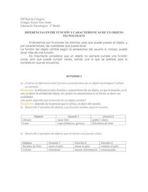 Trabajo De Tecnología: Función y características de un objeto tecnológico