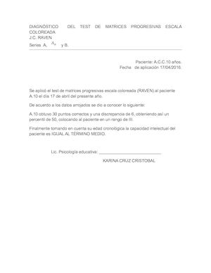 Diagnóstico Del Test De Matrices Progresivas Escala Coloreada