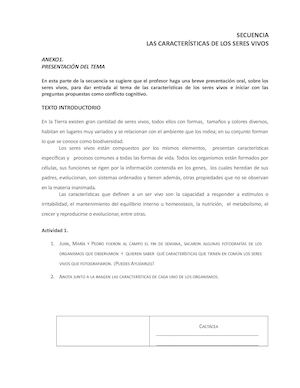 Anexos Las Características De Los Seres Vivos