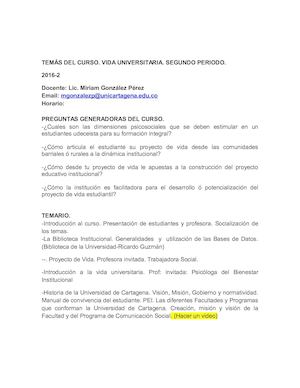 TEMARIO VIDA UNIVERSITARIA 2016 2