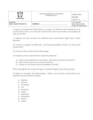 3° Pdo Taller De Recup Filosofia 2016 Filosofia 10°