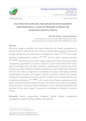 FACTORS INFLUENCING FIRE DISASTER MANAGEMENT PREPAREDNESS: A CASE OF PRIMARY SCHOOLS IN  MAKUENI COUNTY, KENYA