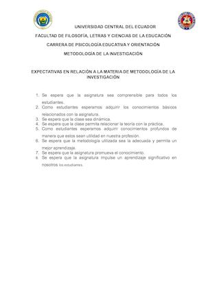 Expectativas relacionadas con la materia de Metodología de la Investigación
