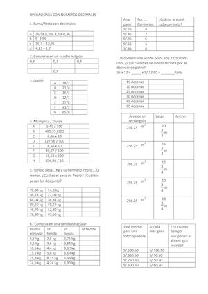 Ficha Operaciones Con Decimales
