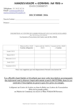 Inscription  vacances decembre 2016