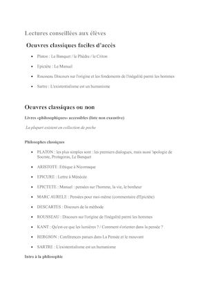Lectures Conseillées Aux éLèves Philo