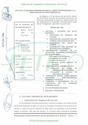 Comité Intercentros Y La Direccion De Feu Vert Iberica S A 18 19:octubre:16