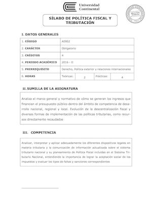 Silabo A0952 Politica Fiscal Y Tributacion
