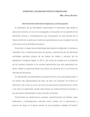 Origen Del Calendario Festivo Venezolano