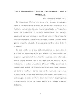Educación Presencial Y A Distancia, Estableciendo Nuevos Paradigmas