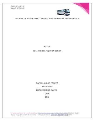 Informe De Ausentismo Laboral En La Empresa Transchia S Yoli