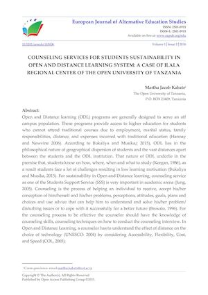 COUNSELING SERVICES FOR STUDENTS SUSTAINABILITY IN OPEN AND DISTANCE LEARNING SYSTEM: A CASE OF ILALA REGIONAL CENTER OF THE OPEN UNIVERSITY OF TANZANIA