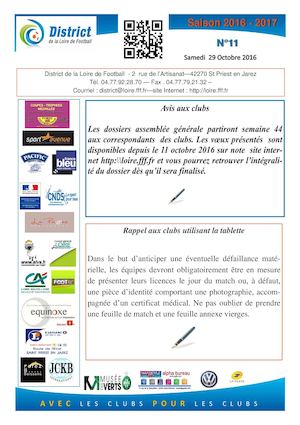 Bulletin d'informations N°11 du Samedi 29 Octobre 2016