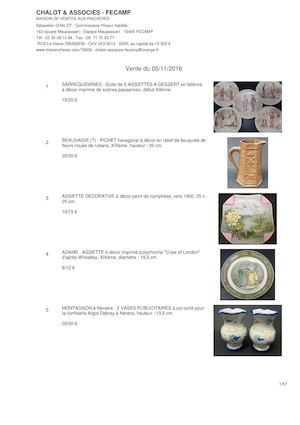 VENTE OBJETS DE VITRINE & CURIOSA - SAMEDI 5 NOVEMBRE 2016 - CHAMOT & ASSOCIES FECAMP - MAISON DE VENTES AUX ENCHERES