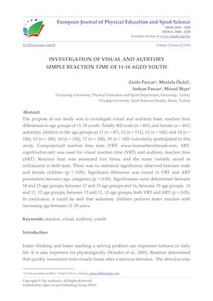 INVESTIGATION OF VISUAL AND AUDITORY  SIMPLE REACTION TIME OF 11-18 AGED YOUTH